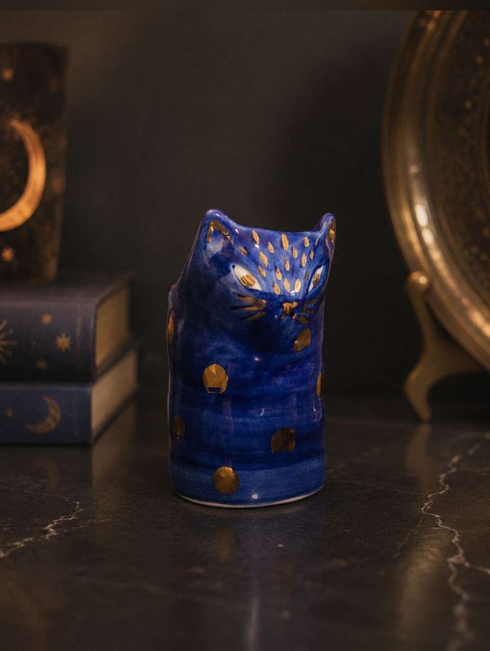 Anthroplogie Bird Can Fox Celestial Blue Ceramic Cat Vase with Gold Accents